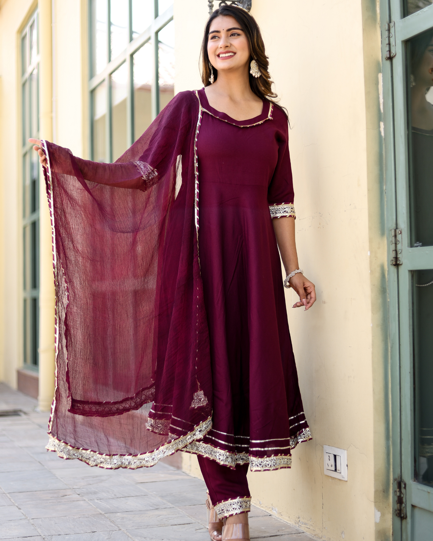 Wine Makdi Rayon Anarkali Kurti Set with Lace Work & Dupatta
