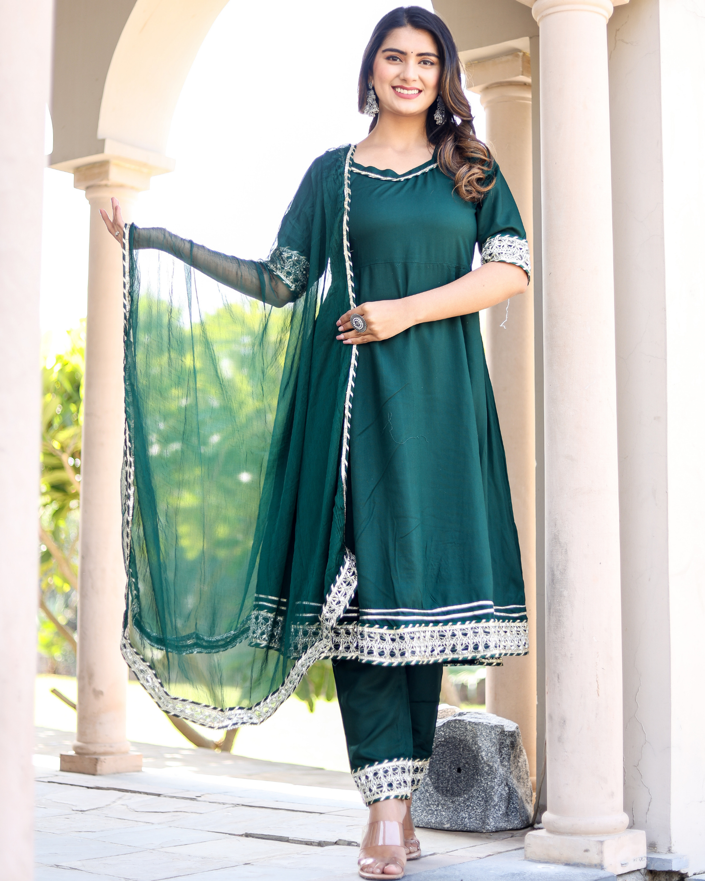 Bottle Green Makdi Rayon Anarkali Kurti Set with Lace Work