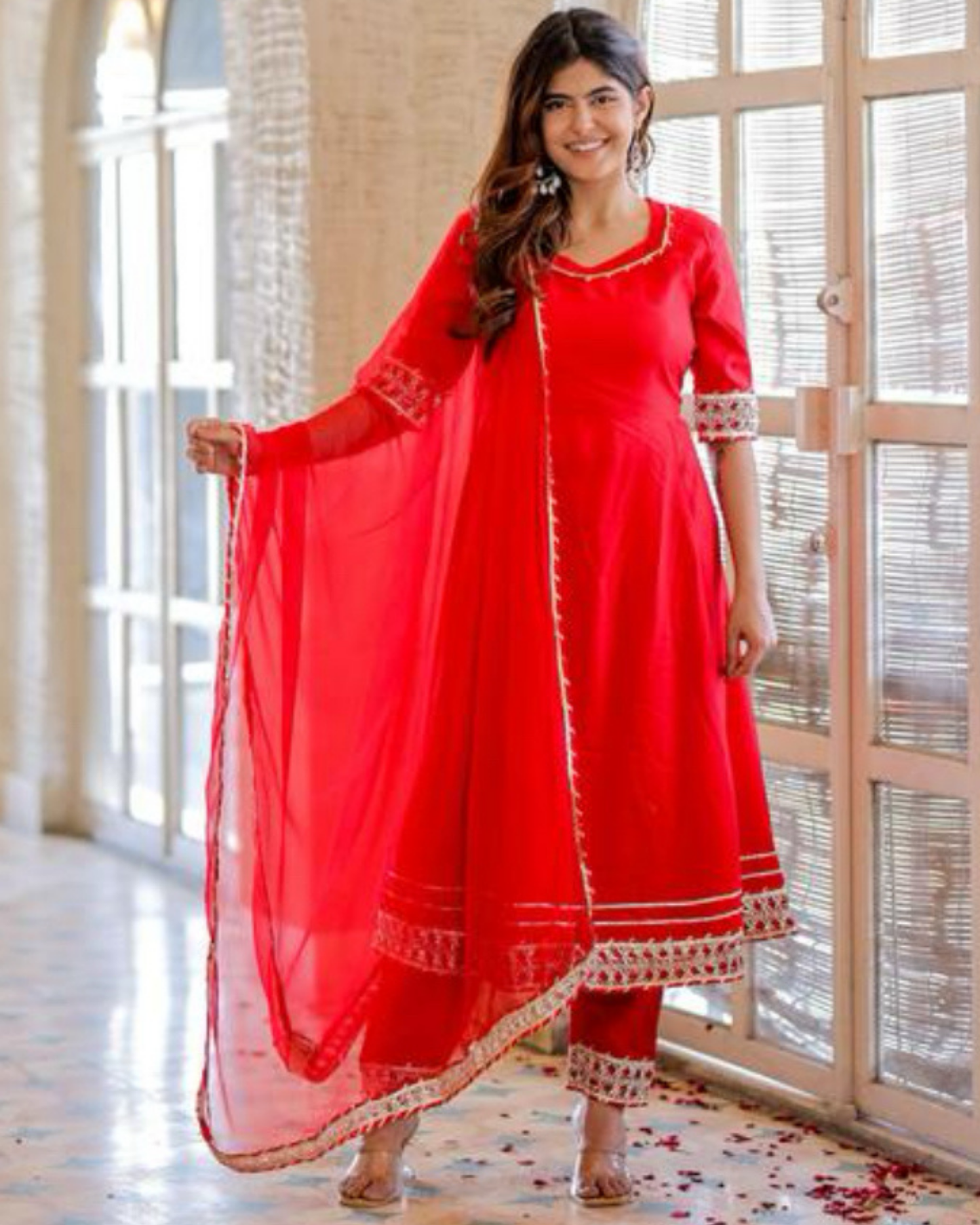 Red Makdi Rayon Anarkali Kurti Set with Lace Work Pant & Dupatta