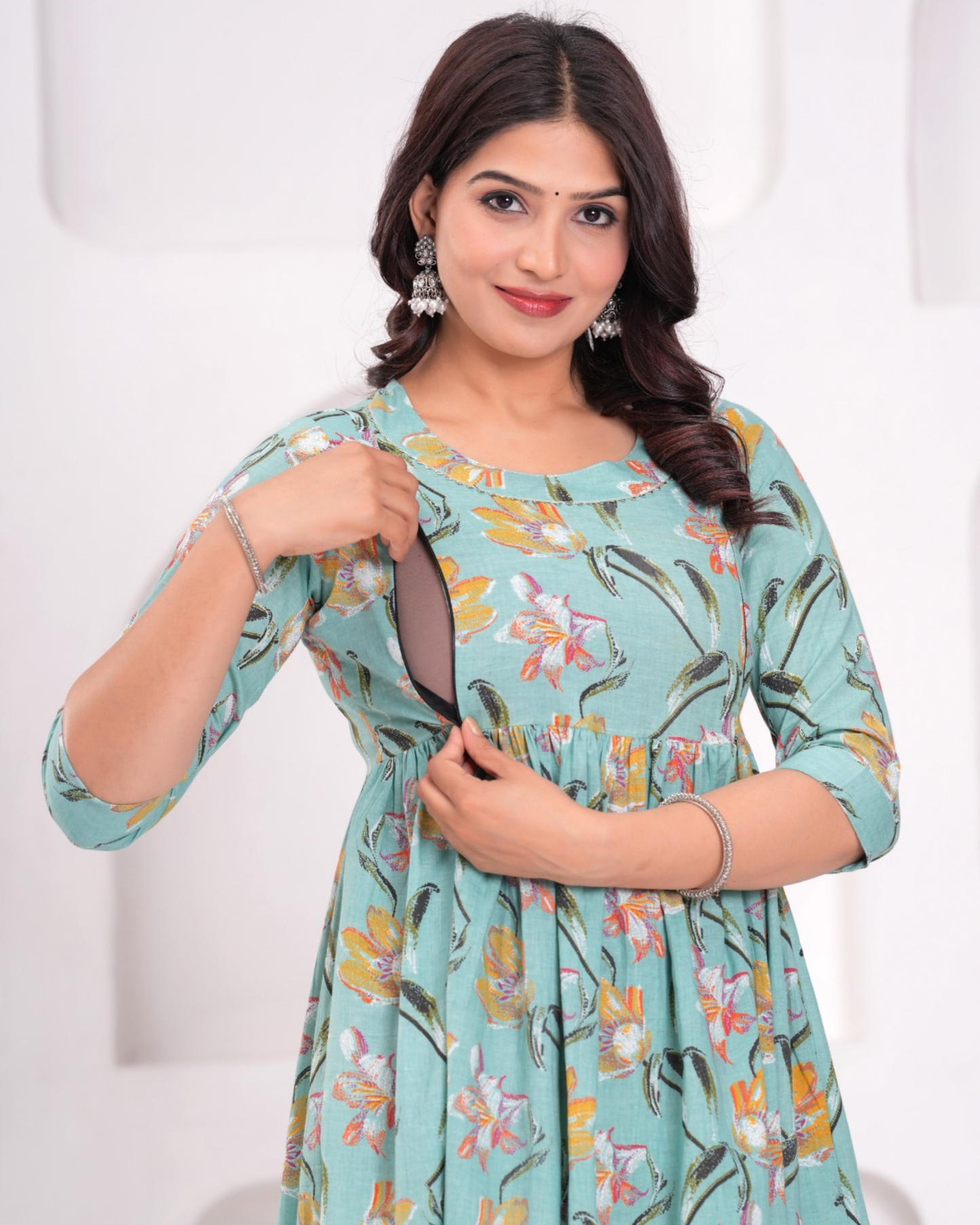 Stylish Pista Floral Maternity Gown with Practical Feeding Zip