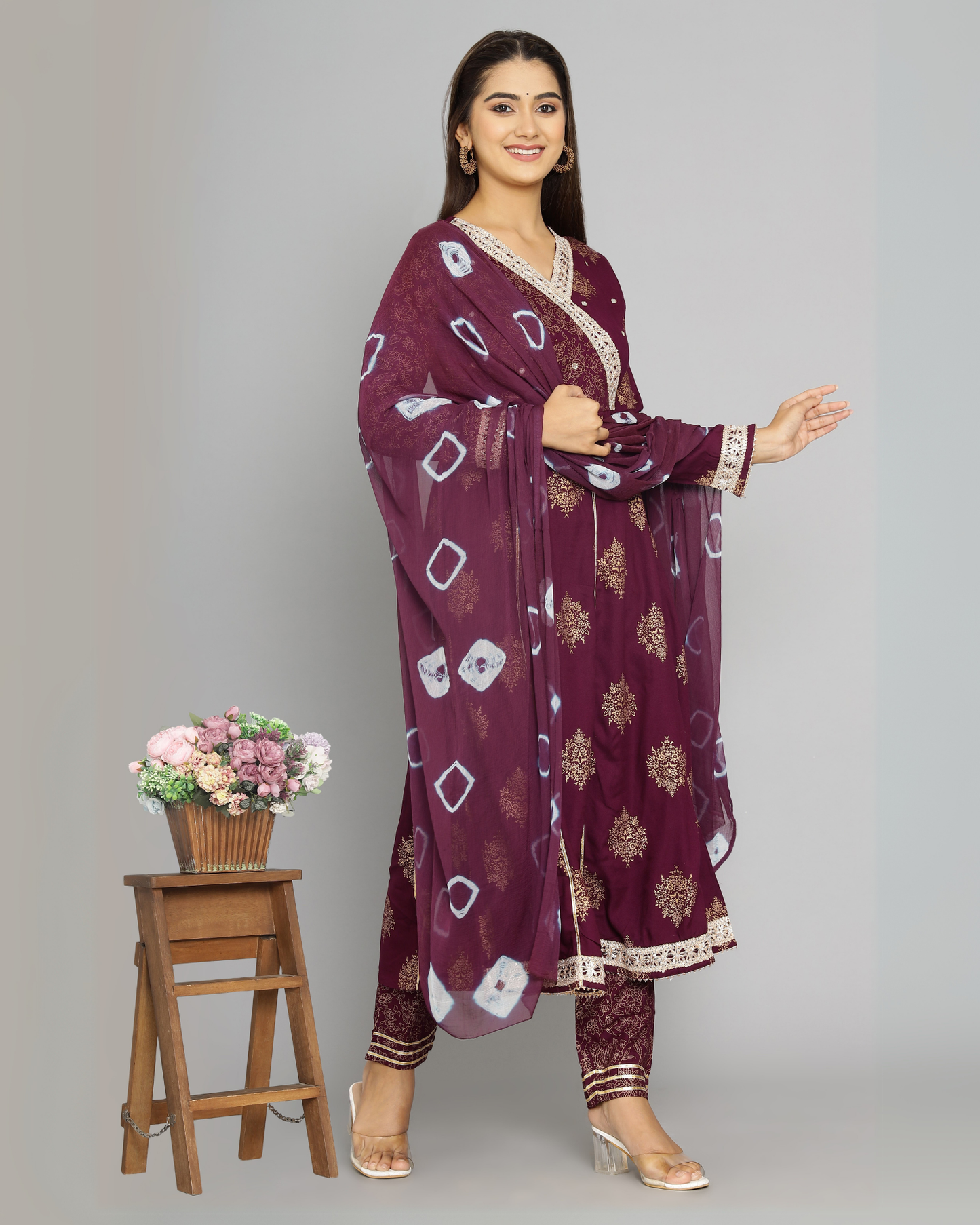 Purple Butta Jaal Kurti Set with Dupatta - Rayon & Chiffon
