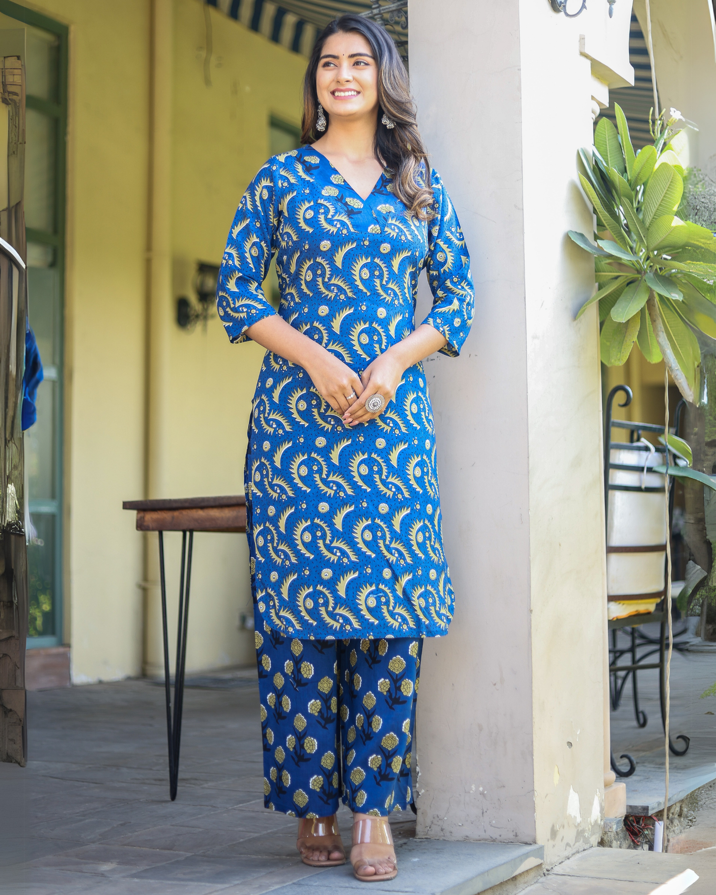 Rama Chakri Rayon Printed Kurti with Handwork & Pant Set