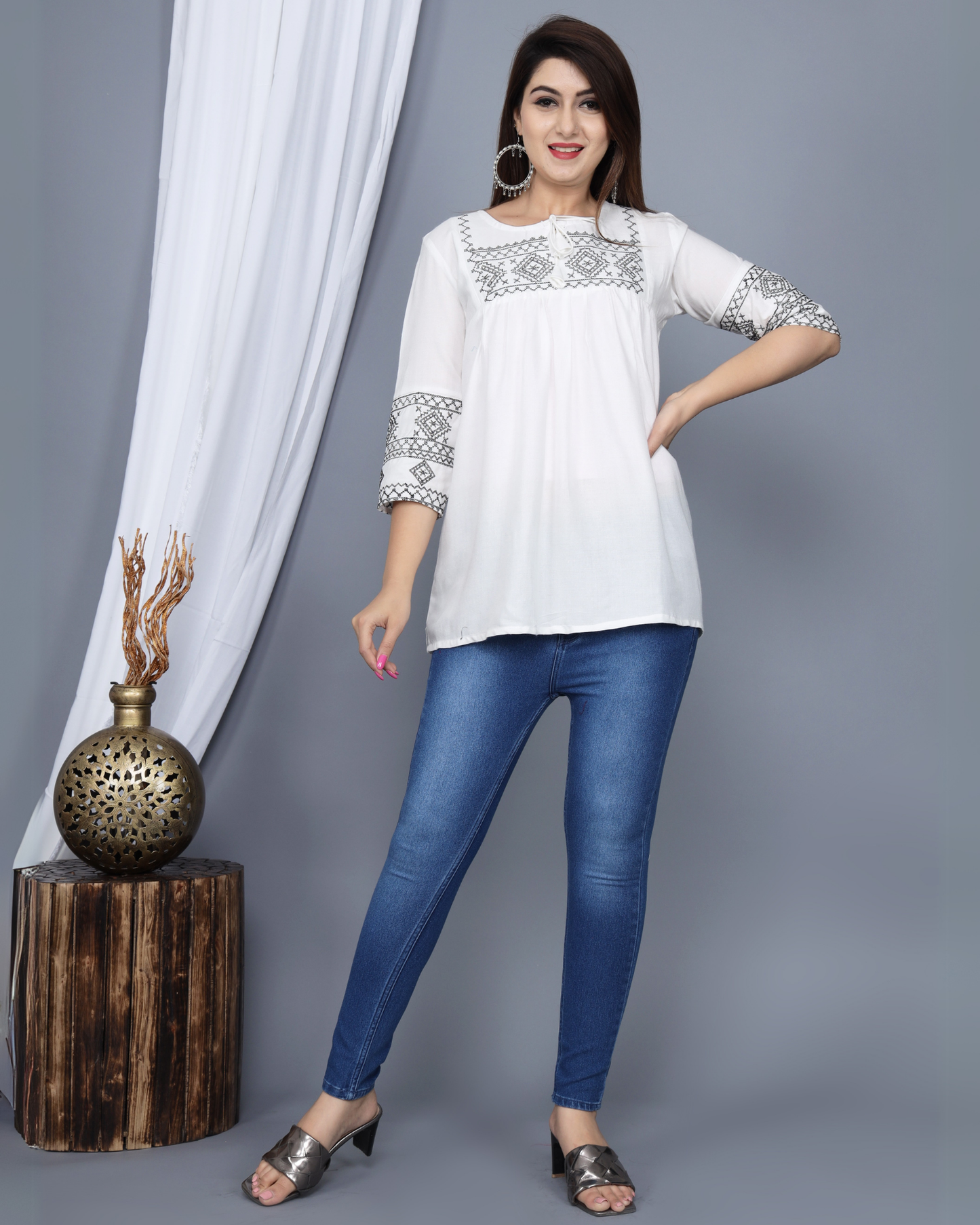 White Embroidered Rayon Top