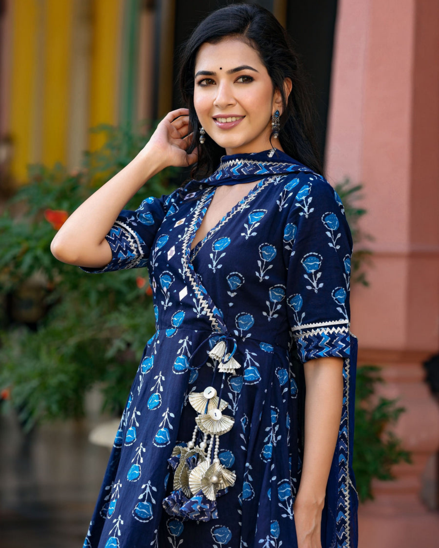Blue Butta Cotton Printed Kurti with Sharara and Dupatta Set