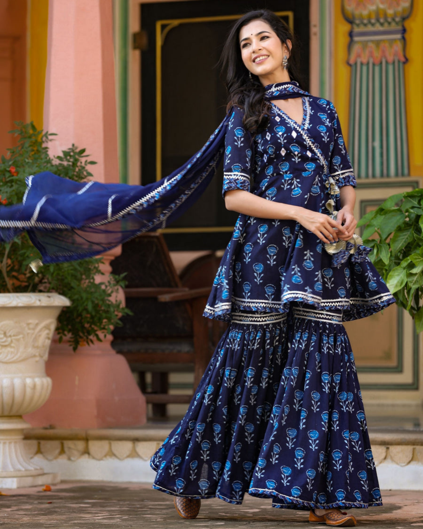 Blue Butta Cotton Printed Kurti with Sharara and Dupatta Set