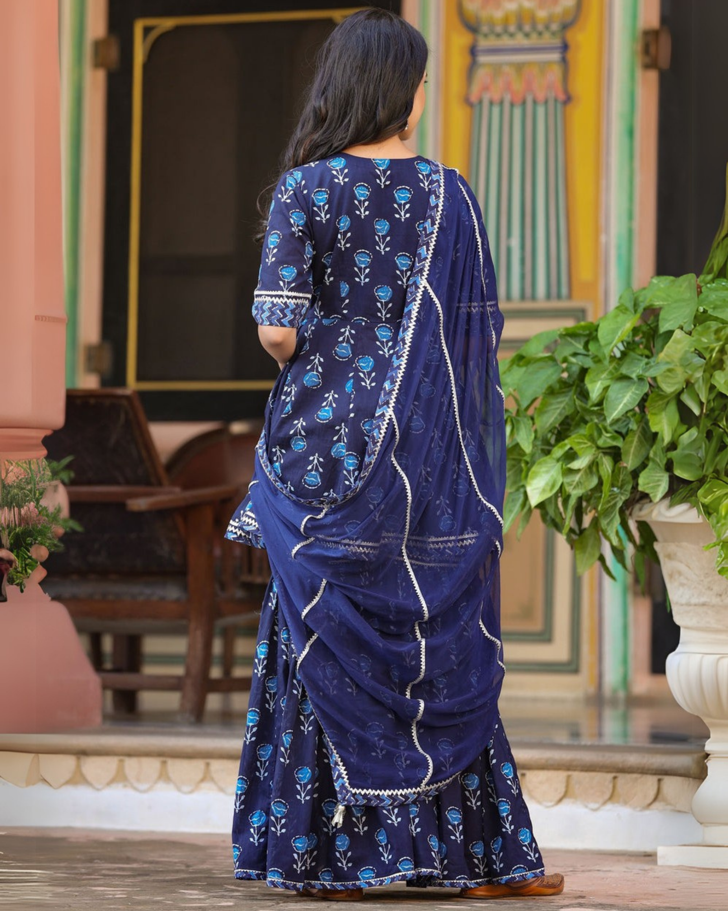 Blue Butta Cotton Printed Kurti with Sharara and Dupatta Set