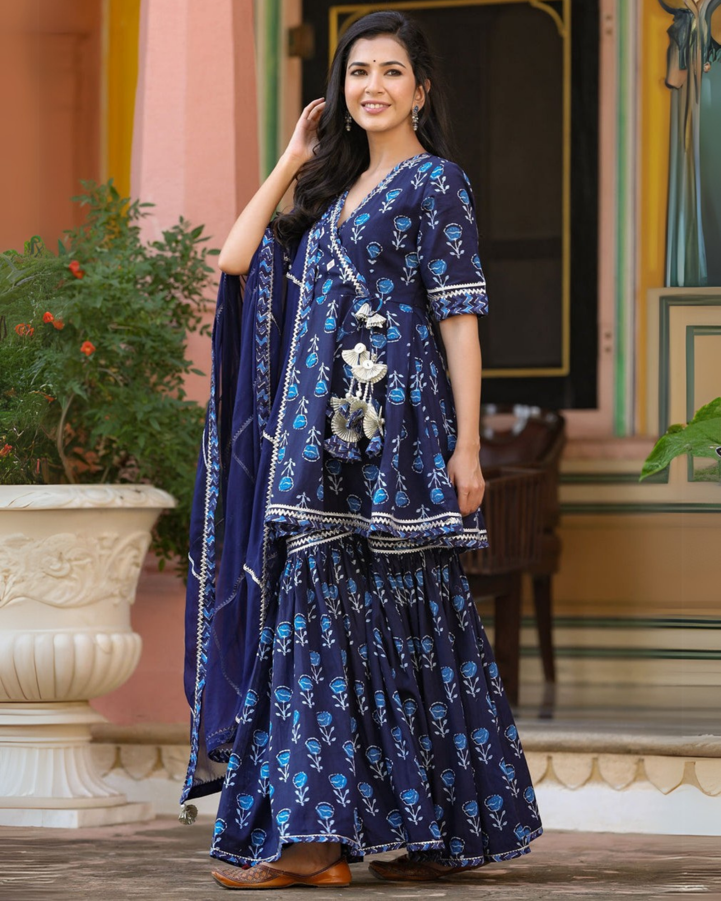Blue Butta Cotton Printed Kurti with Sharara and Dupatta Set