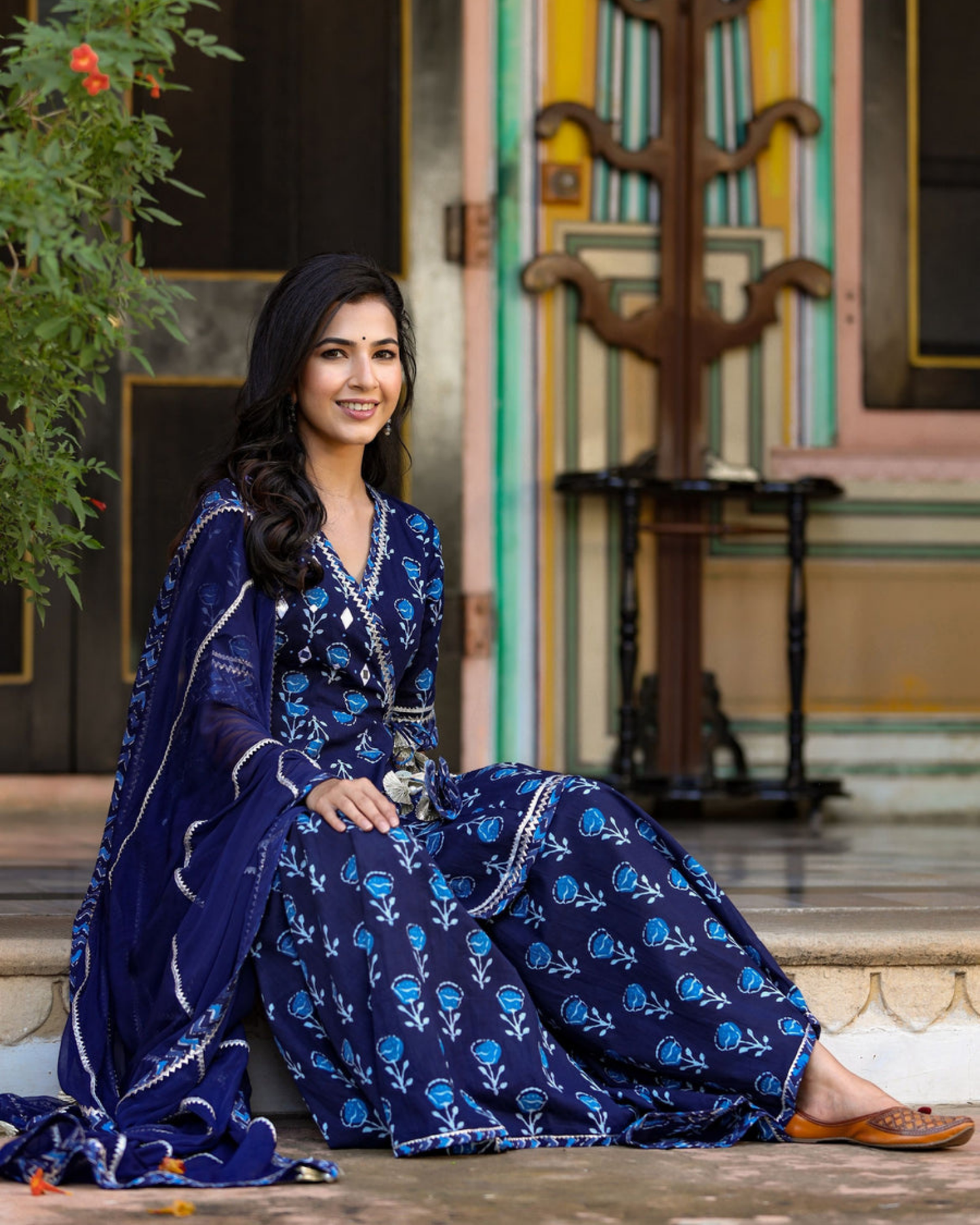 Blue Butta Cotton Printed Kurti with Sharara and Dupatta Set
