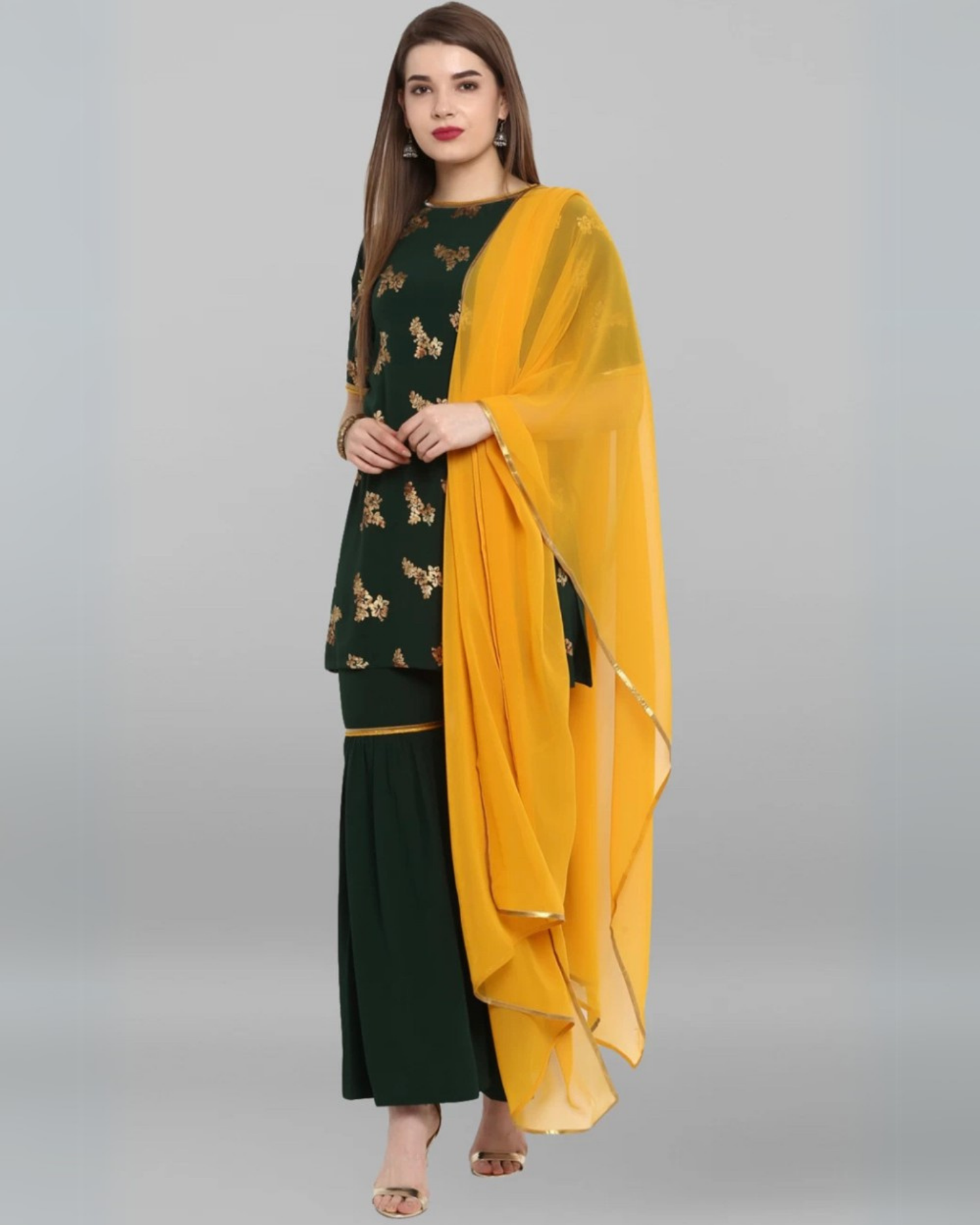 Bottle Green Rayon Printed Kurti with Sharara and Dupatta Set