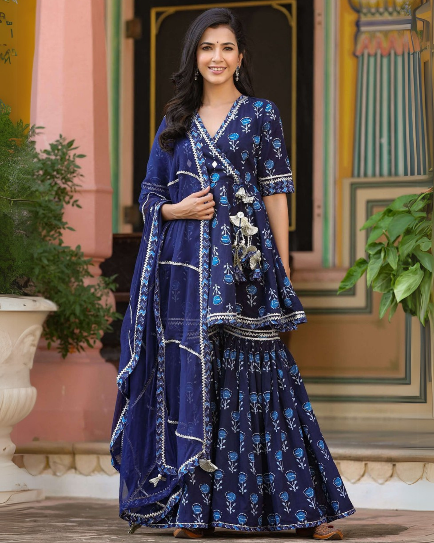 Blue Butta Cotton Printed Kurti with Sharara and Dupatta Set