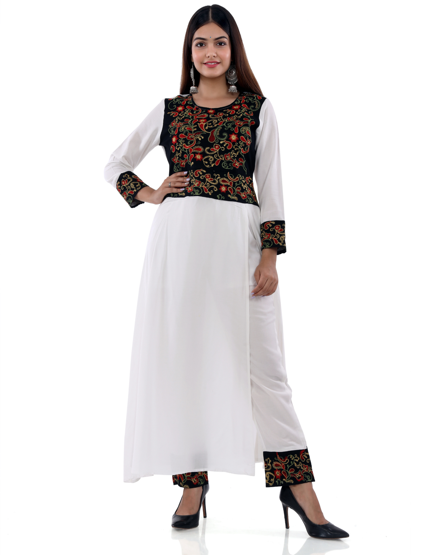 White Rayon Embroidered Side Cut Kurti with Pant Elegant Look