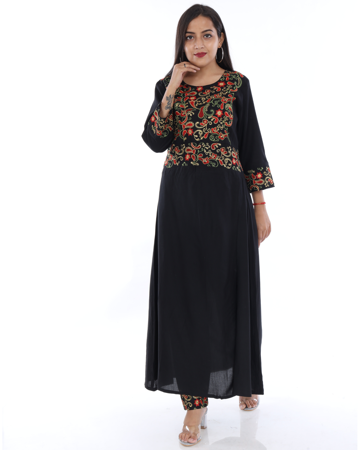 Black Rayon Embroidered Side Cut Kurti with Pant Stylish Wear