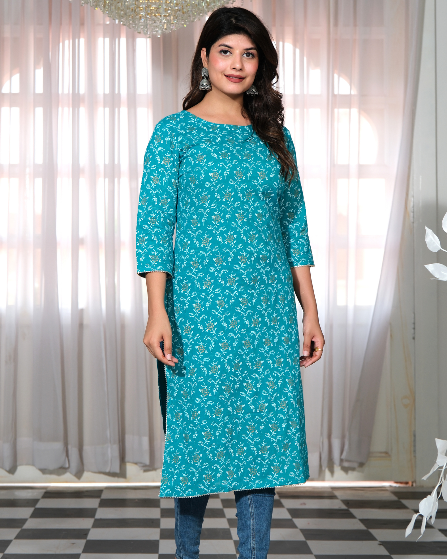 Turquoise Rayon Printed Straight Kurti Simple and Elegant Look