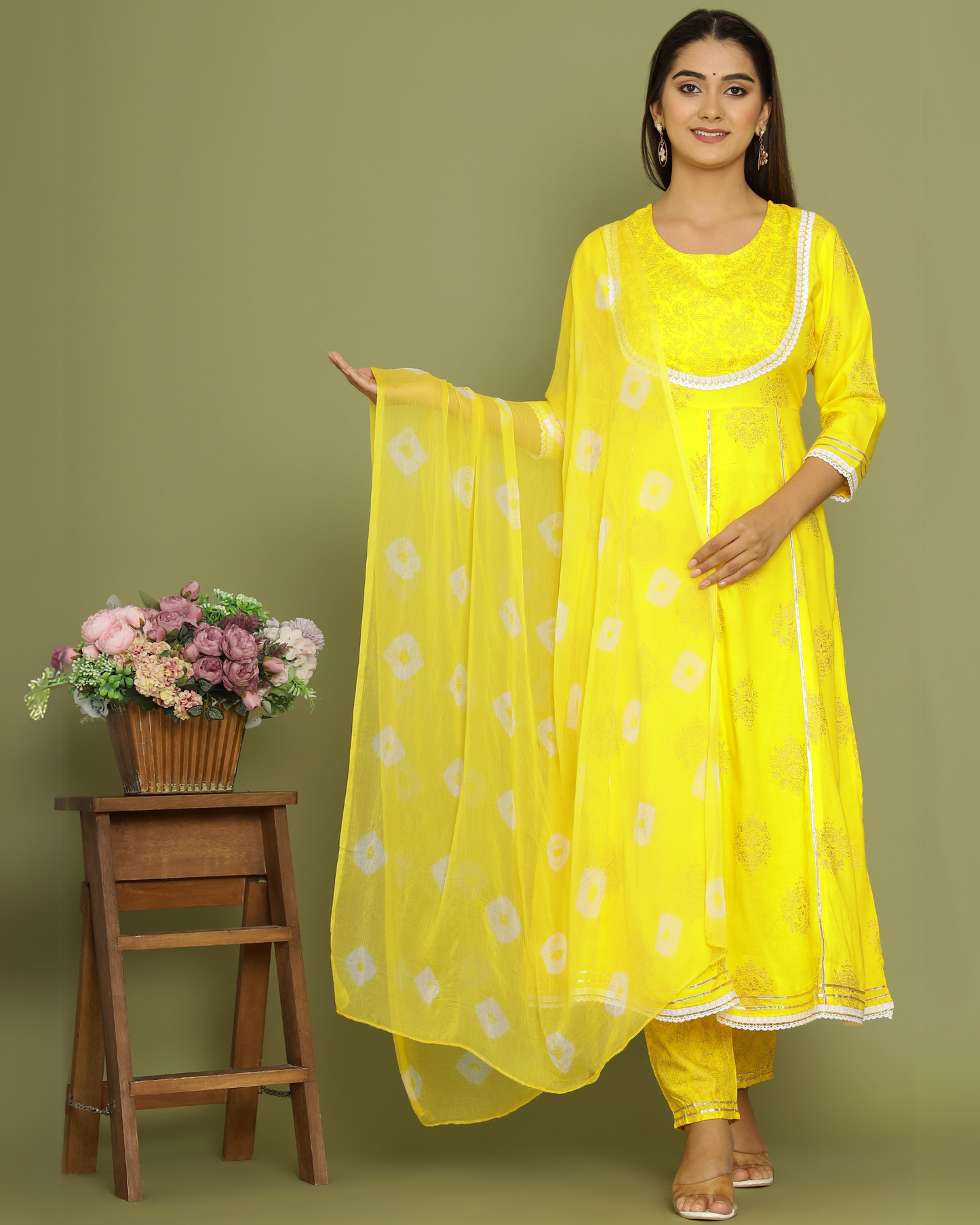 Yellow Butta Jaal Rayon Printed Anarkali Kurti Set with Dupatta