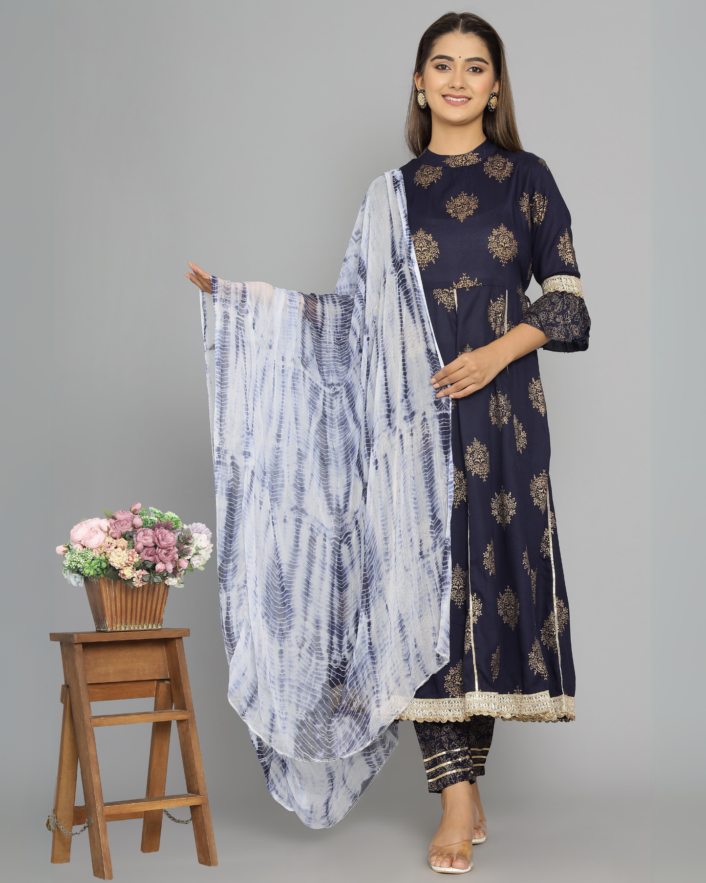 Blue Butta Jaal Kurti Set with Dupatta
