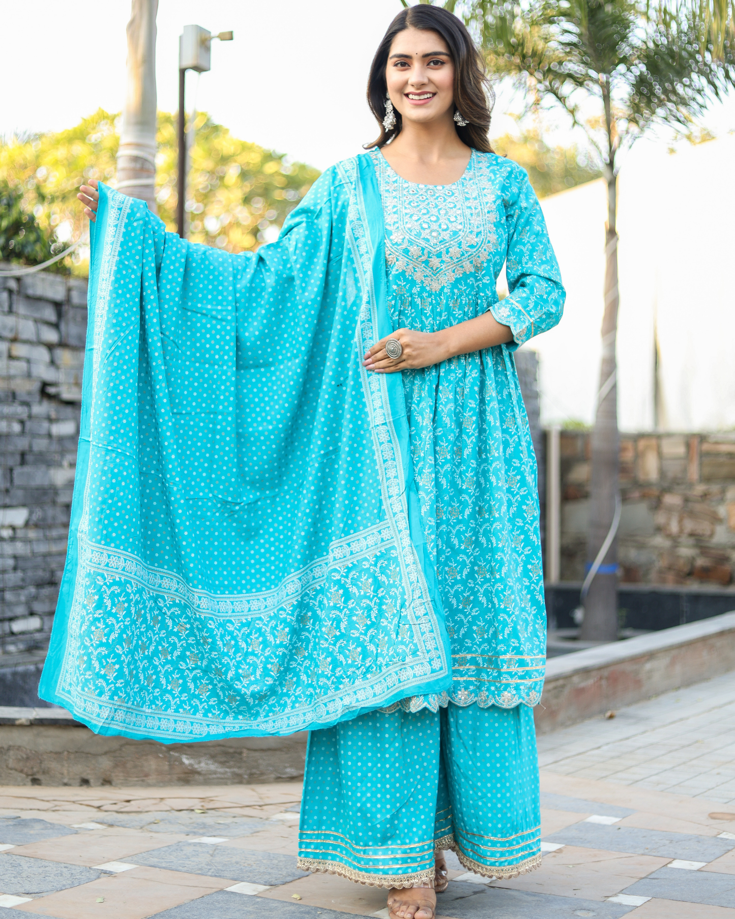 Turquoise Rayon Printed Sharara Set with Embroidered Yoke & Dupatta