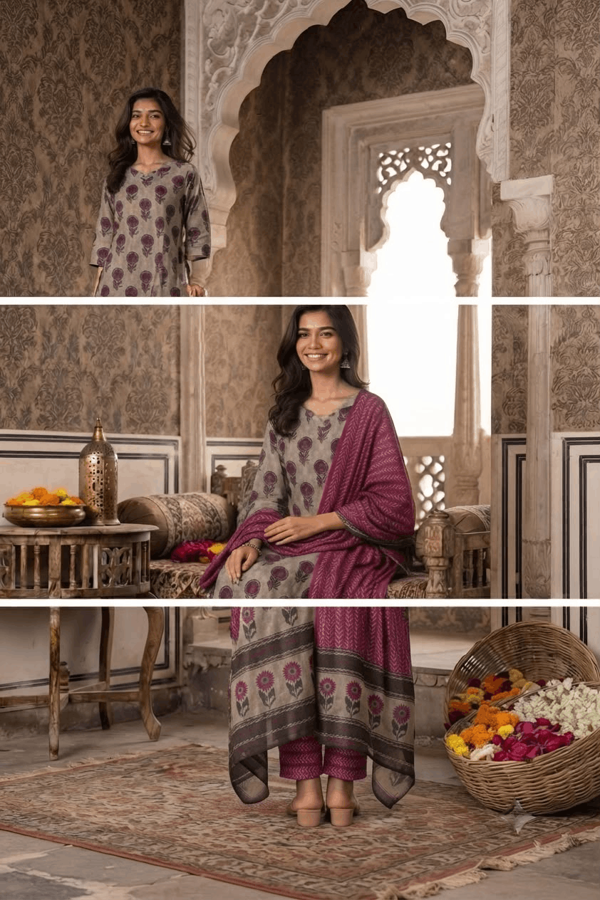 Wine Flower Butta Handwork Cotton Suit Set