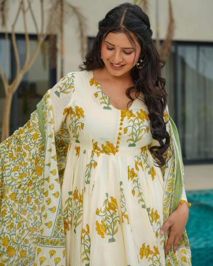 Elegant Cream Floral Anarkali Set with Green Dupatta – 'Veg Flower' Print