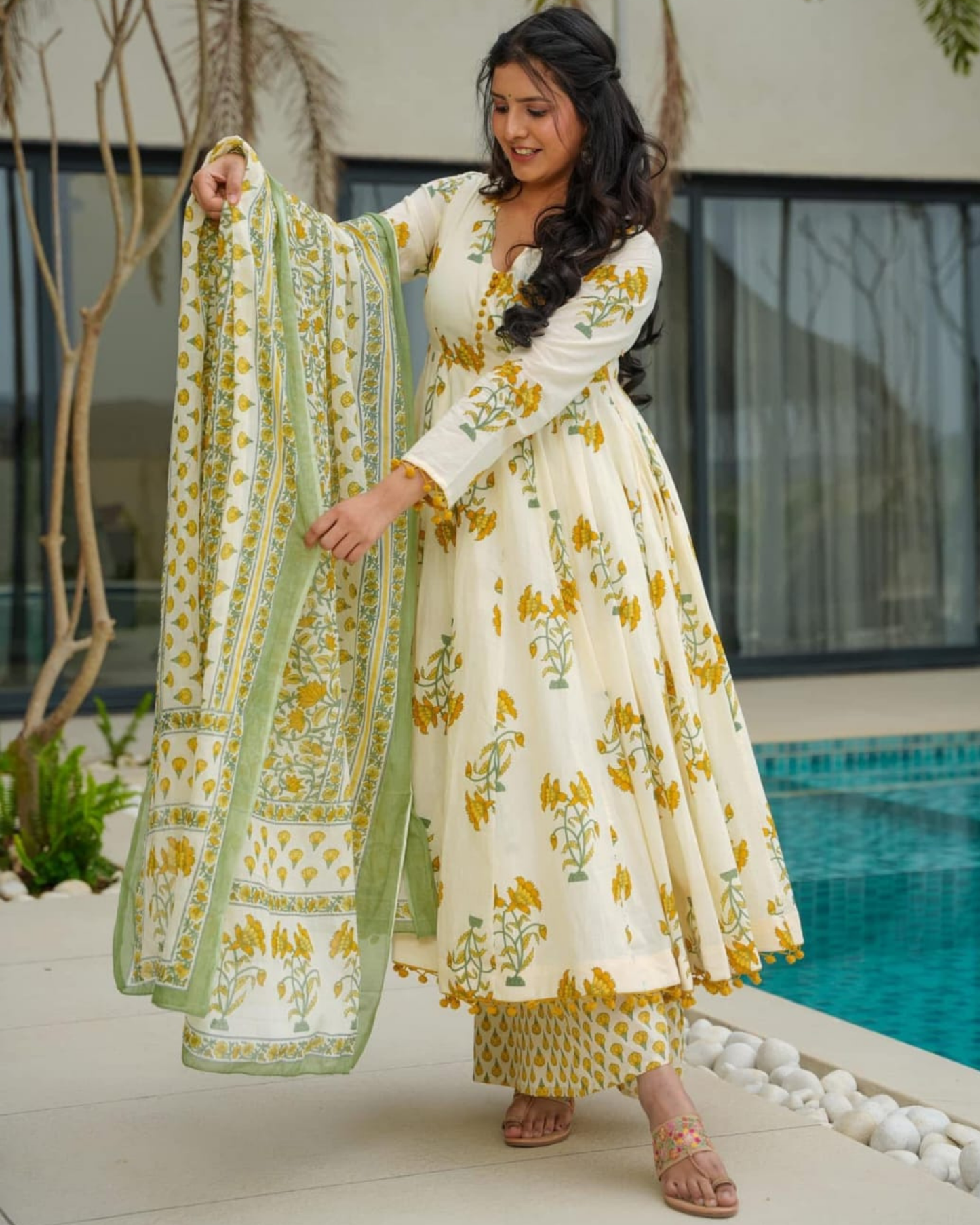 Elegant Cream Floral Anarkali Set with Green Dupatta – 'Veg Flower' Print