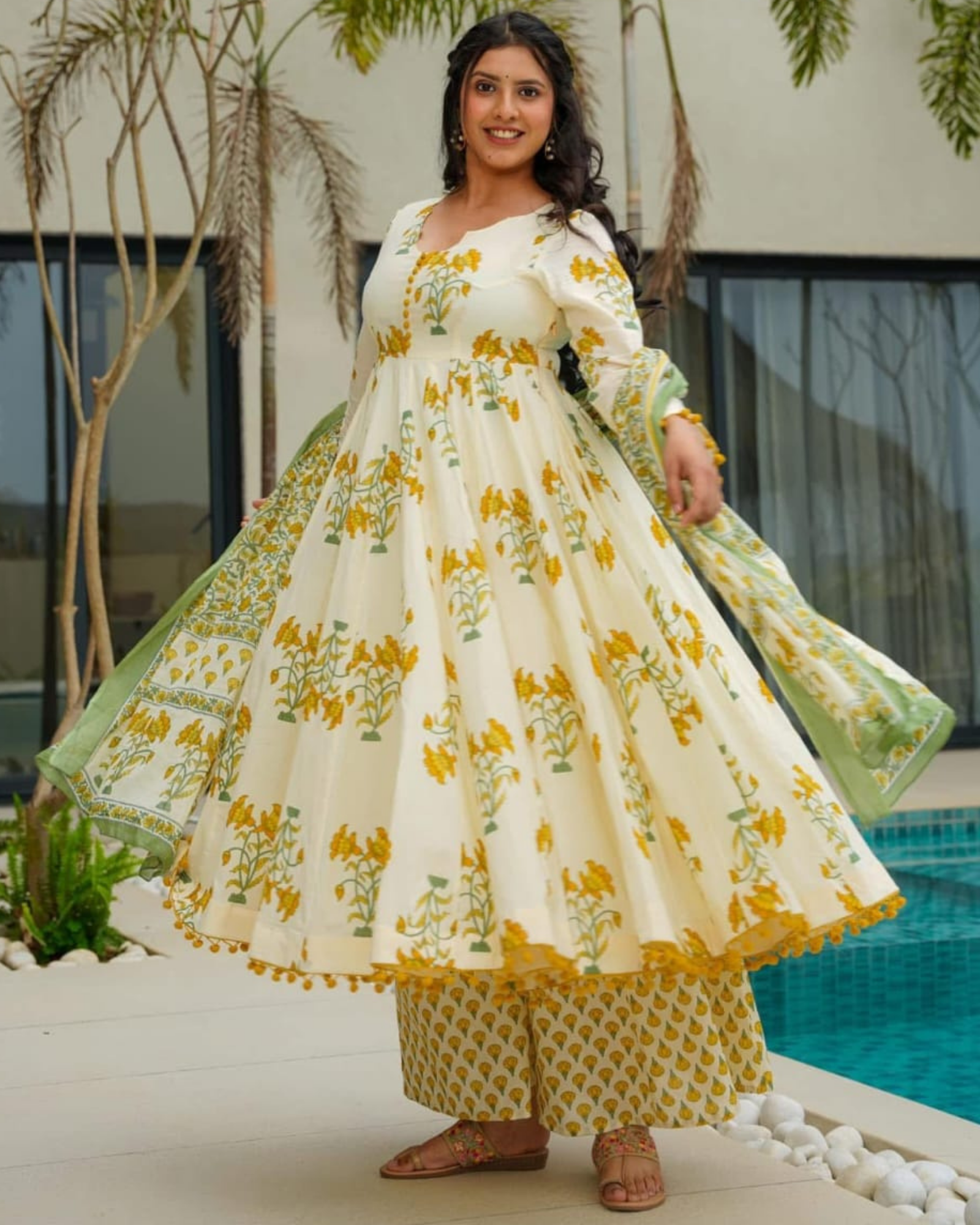 Elegant Cream Floral Anarkali Set with Green Dupatta – 'Veg Flower' Print