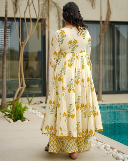 Elegant Cream Floral Anarkali Set with Green Dupatta – 'Veg Flower' Print