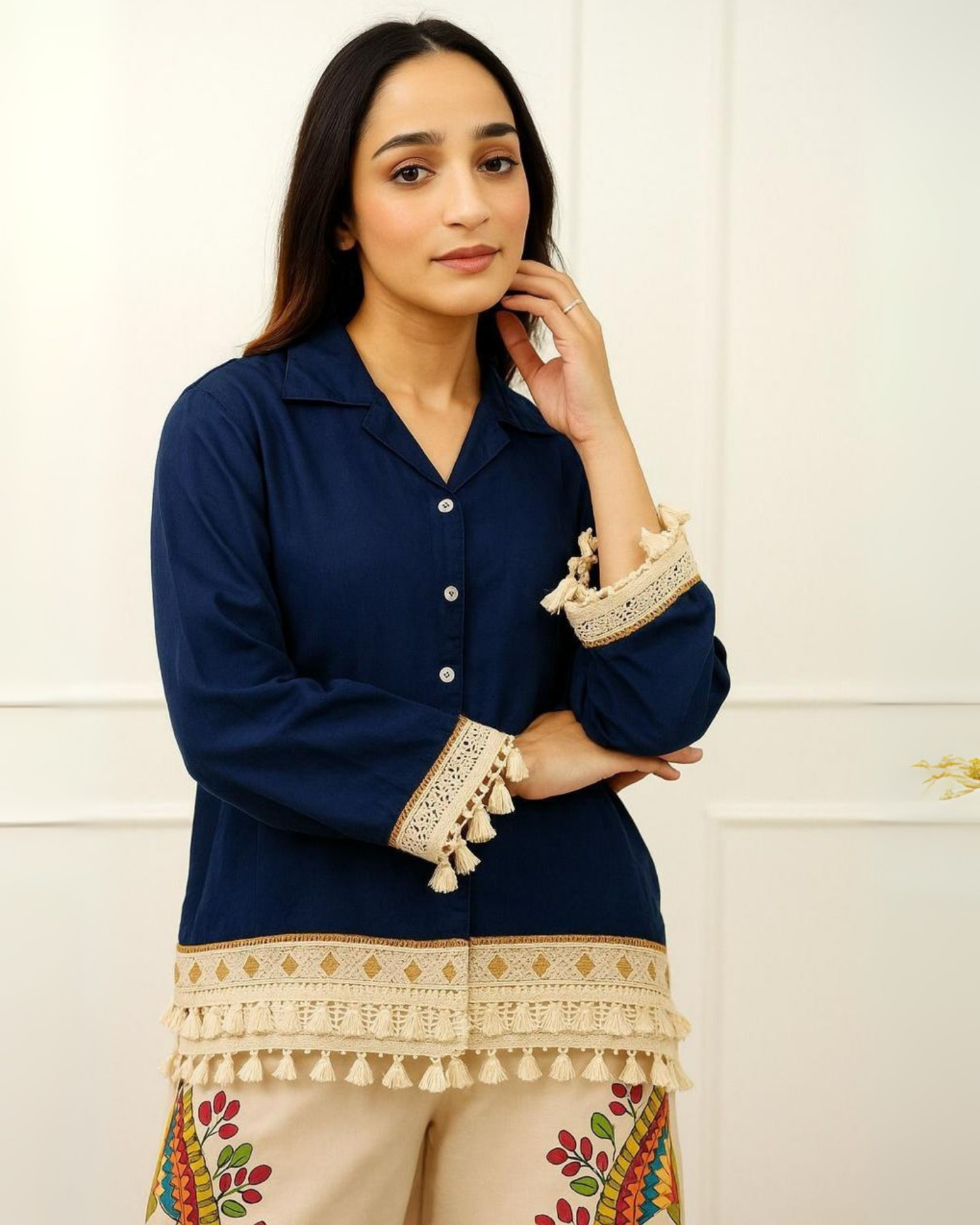 Maroon Collared Kurti with Cream Embroidered Palazzos