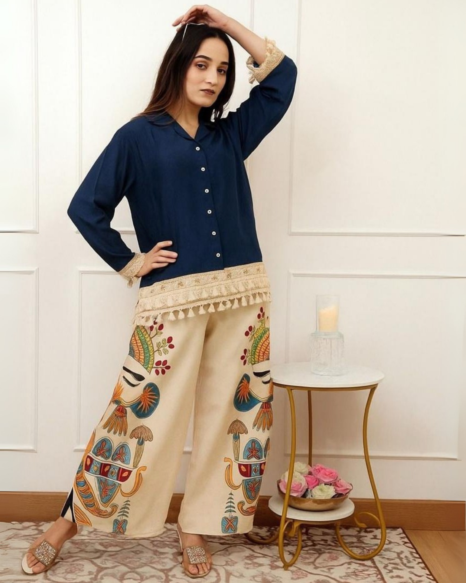 Navy Blue Collared Kurti with Cream Artistic Embroidered Palazzos