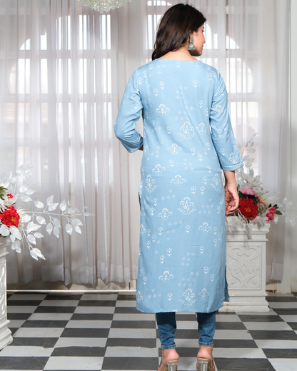 Sky Blue Rayon Printed Straight Kurti Elegant and Stylish Wear