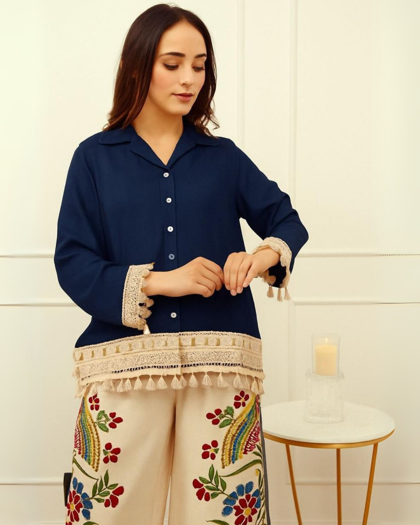 Maroon Collared Kurti with Cream Embroidered Palazzos