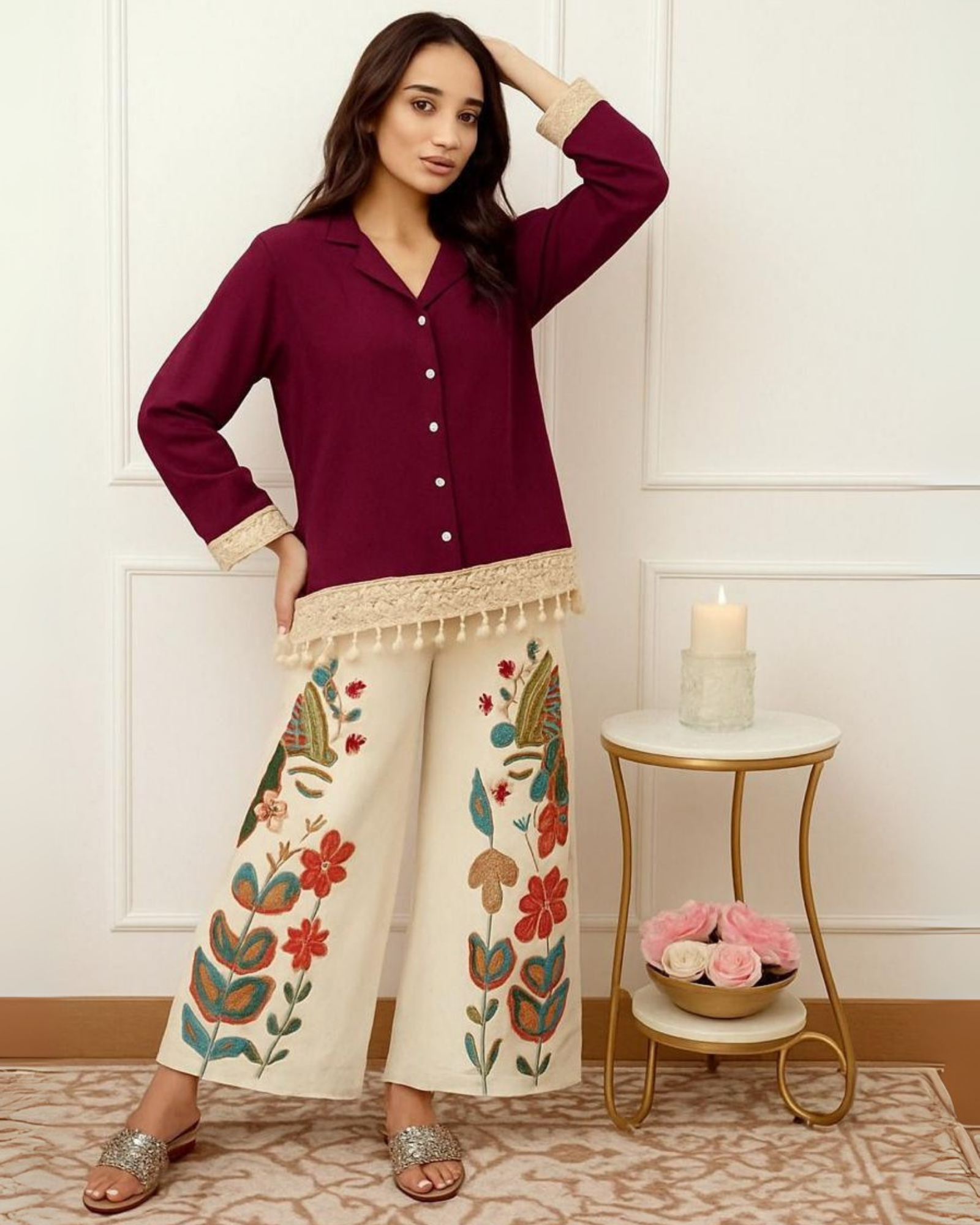 Maroon Collared Kurti with Cream Embroidered Palazzos