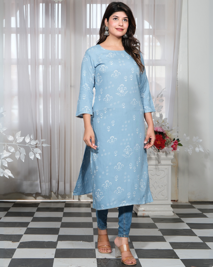 Sky Blue Rayon Printed Straight Kurti Elegant and Stylish Wear