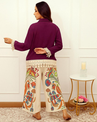 Maroon Collared Kurti with Cream Embroidered Palazzos