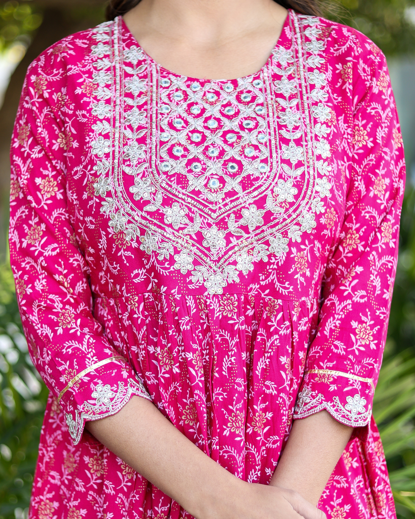 Rani Rayon Printed Sharara Set with Embroidered Yoke & Dupatta