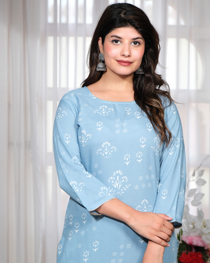 Sky Blue Rayon Printed Straight Kurti Elegant and Stylish Wear
