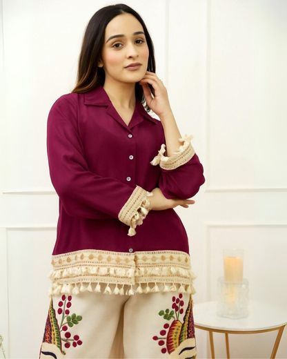 Maroon Collared Kurti with Cream Embroidered Palazzos