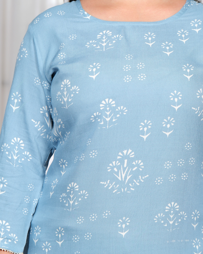 Sky Blue Rayon Printed Straight Kurti Elegant and Stylish Wear