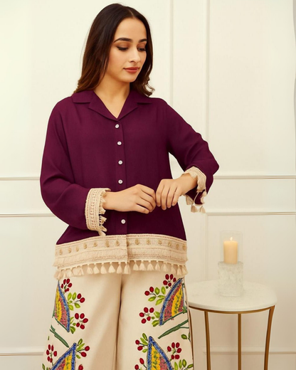 Maroon Collared Kurti with Cream Embroidered Palazzos