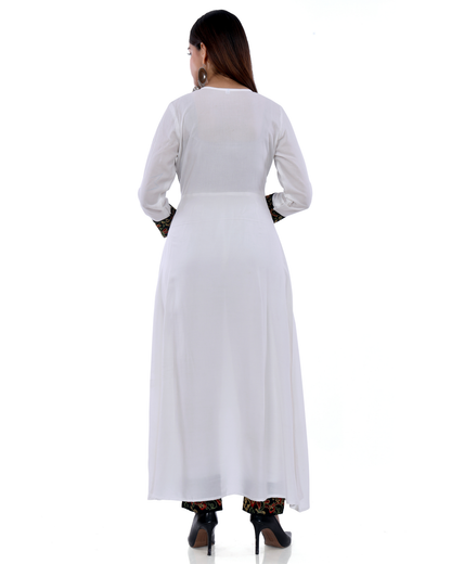 White Rayon Embroidered Side Cut Kurti with Pant Elegant Look