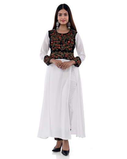 White Rayon Embroidered Side Cut Kurti with Pant Elegant Look