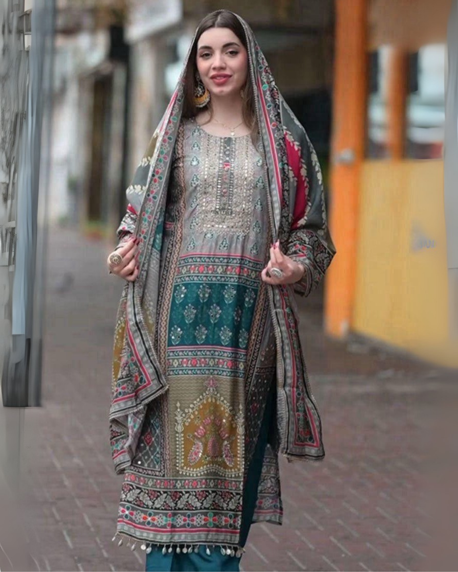 Shree Satin Print Teal & Multi-Color Traditional Suit Set with Dupatta