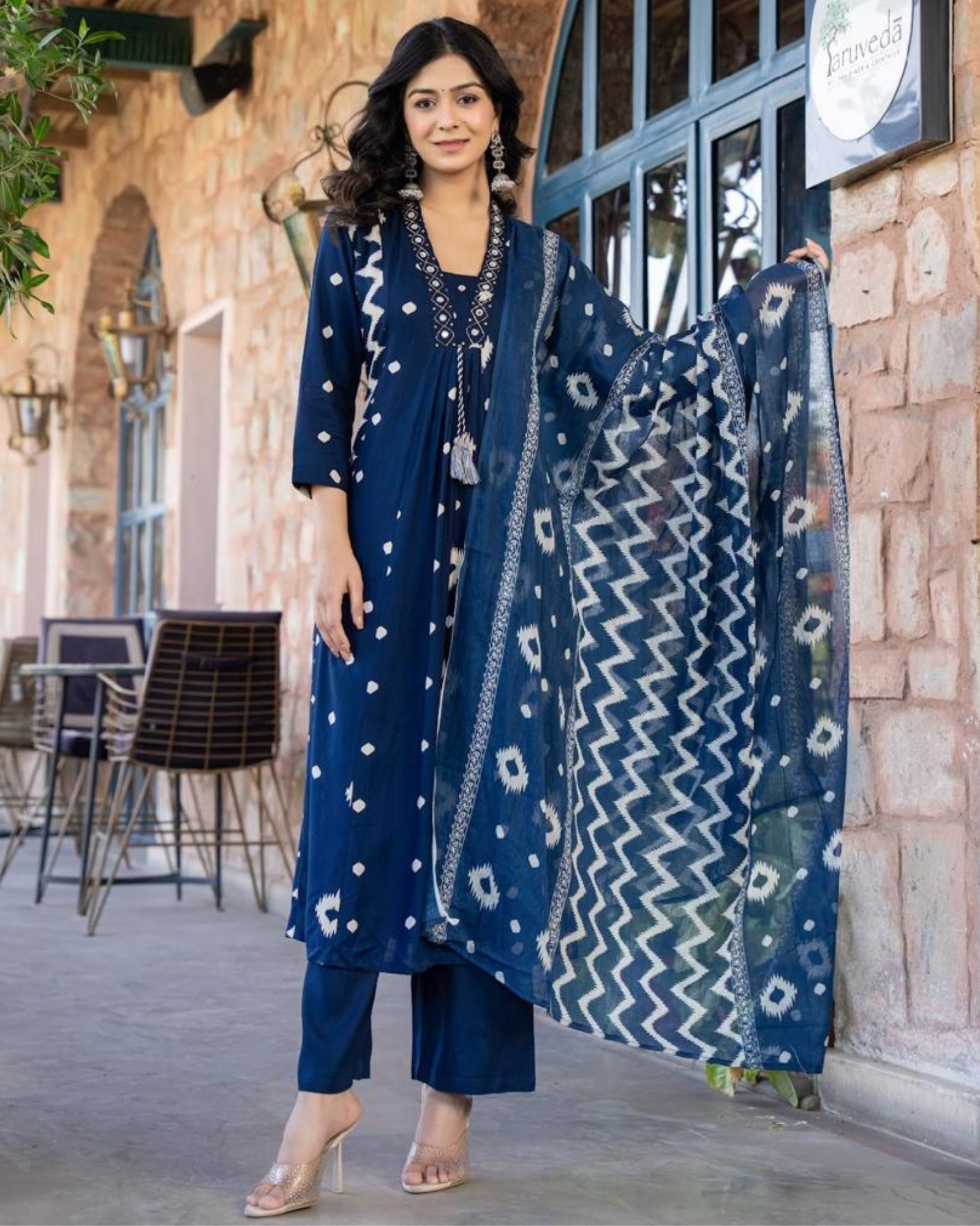 Indigo Blue Ikat Print Kurta Set with Dupatta