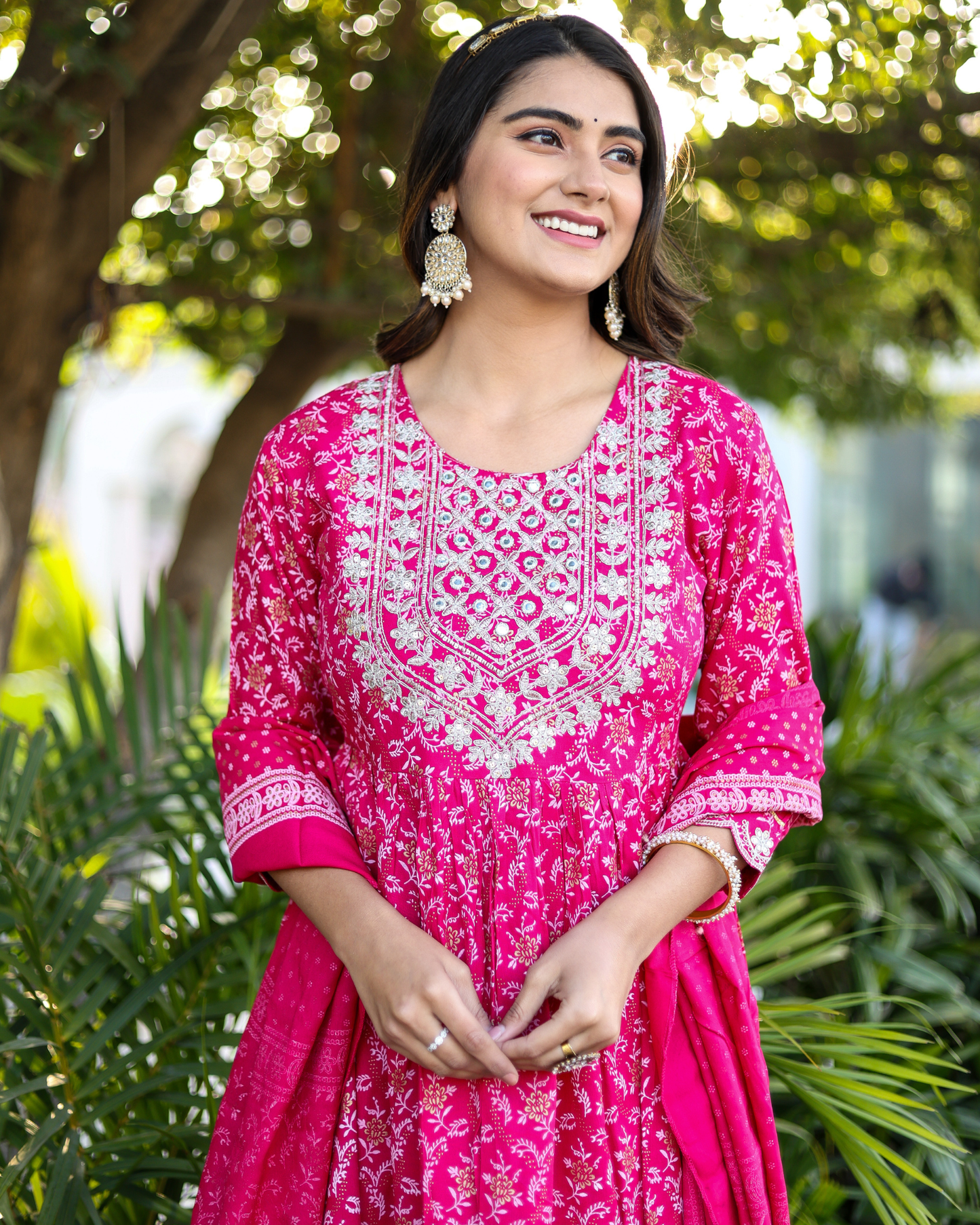 Rani Rayon Printed Sharara Set with Embroidered Yoke & Dupatta