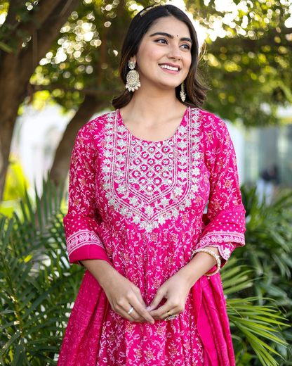 Rani Rayon Printed Sharara Set with Embroidered Yoke & Dupatta