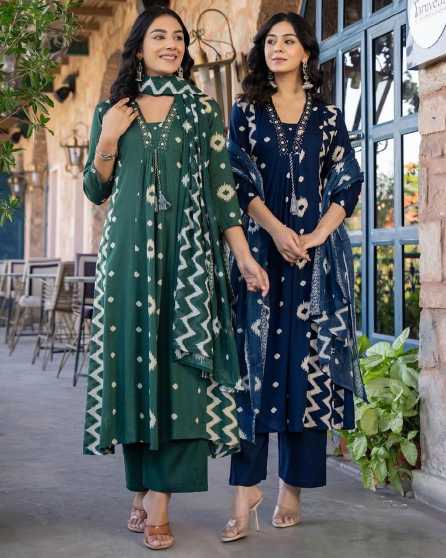 Bright Red Ikat Print Kurta Set with Dupatta
