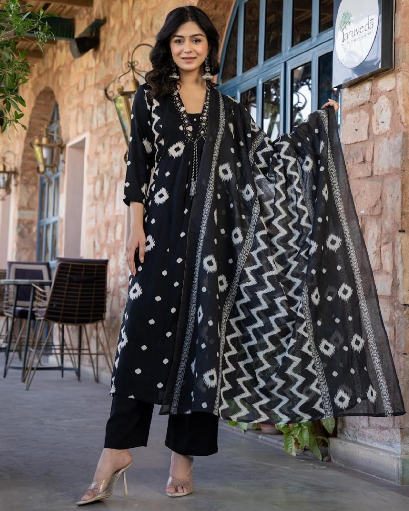 Classic Black Ikat Print Kurta Set with Dupatta