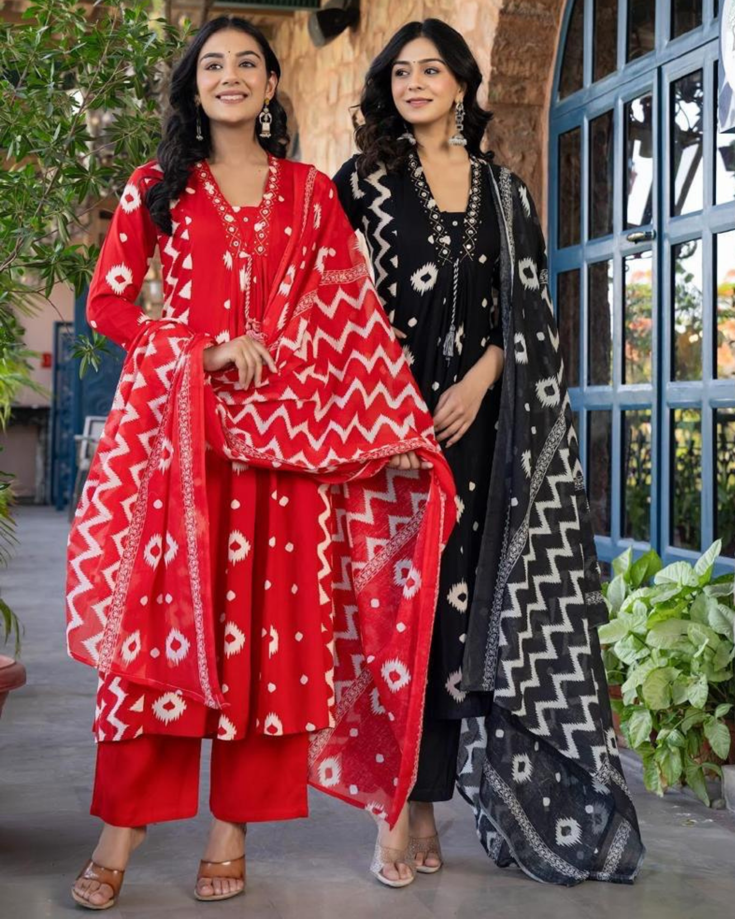 Bright Red Ikat Print Kurta Set with Dupatta