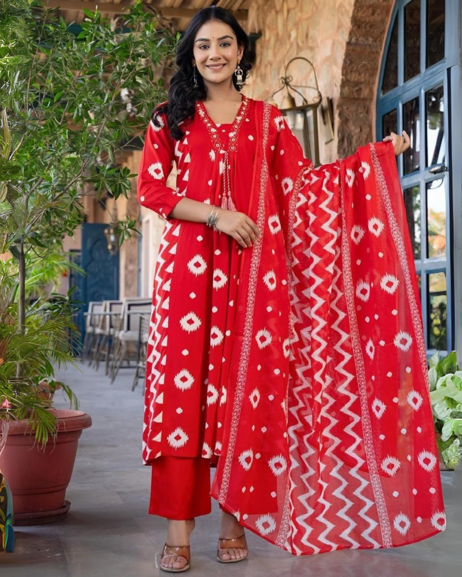 Bright Red Ikat Print Kurta Set with Dupatta