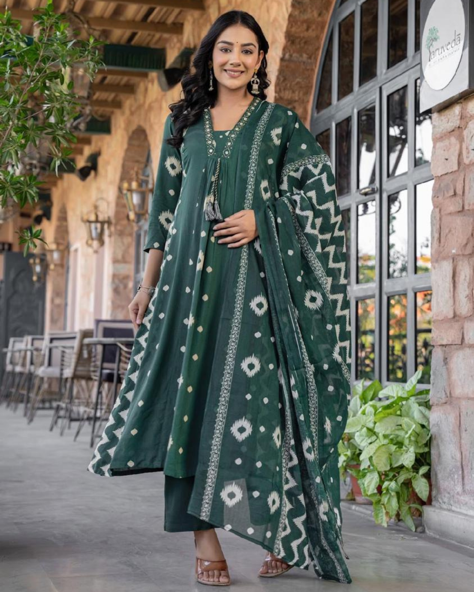 Forest Green Ikat Print Kurta Set with Dupatta