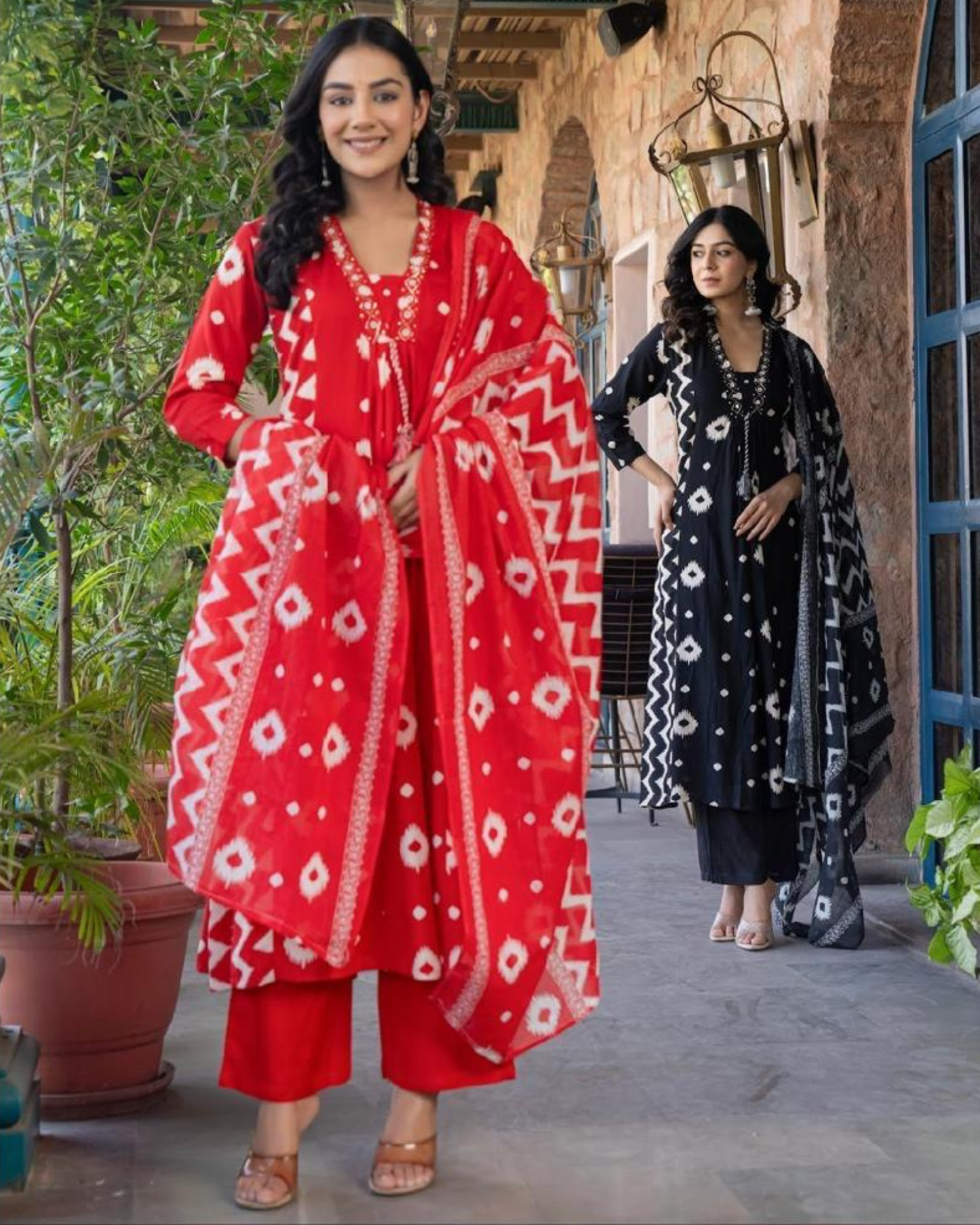 Bright Red Ikat Print Kurta Set with Dupatta