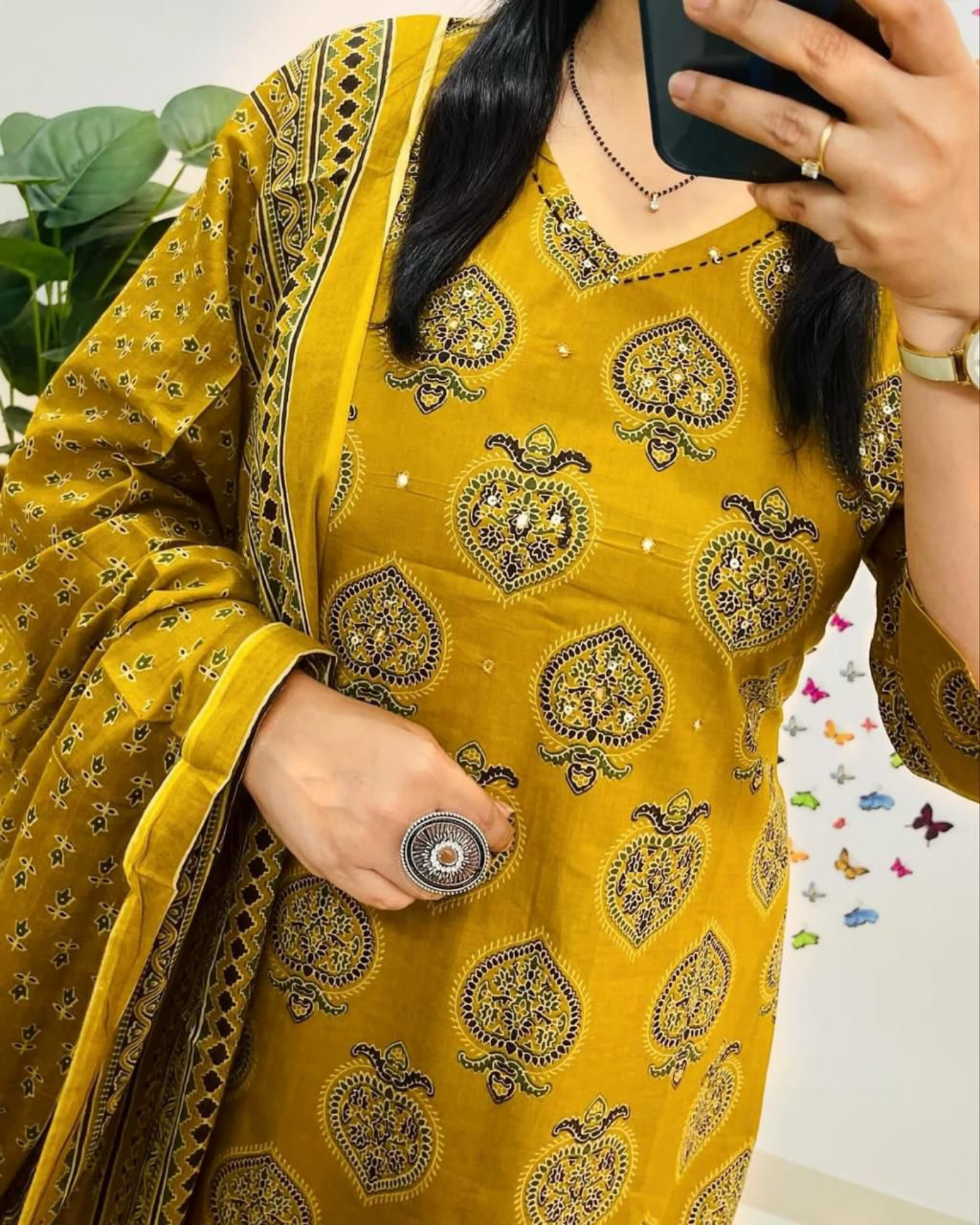Shree Mustard Pan Cotton Suit Set with Sequin Work and Dupatta